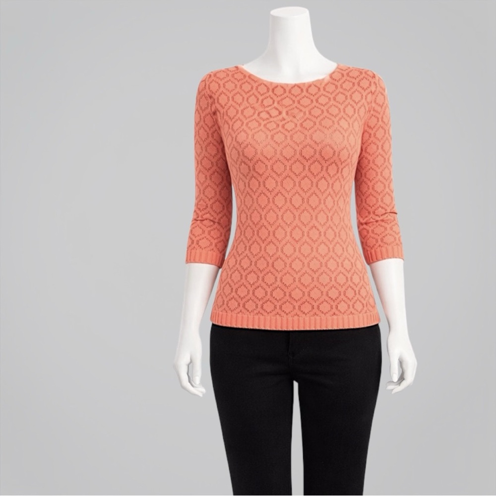 Jun & Ivy Coral Metallic Gold Honeycomb 3/4 Puff Sleeve Sweater